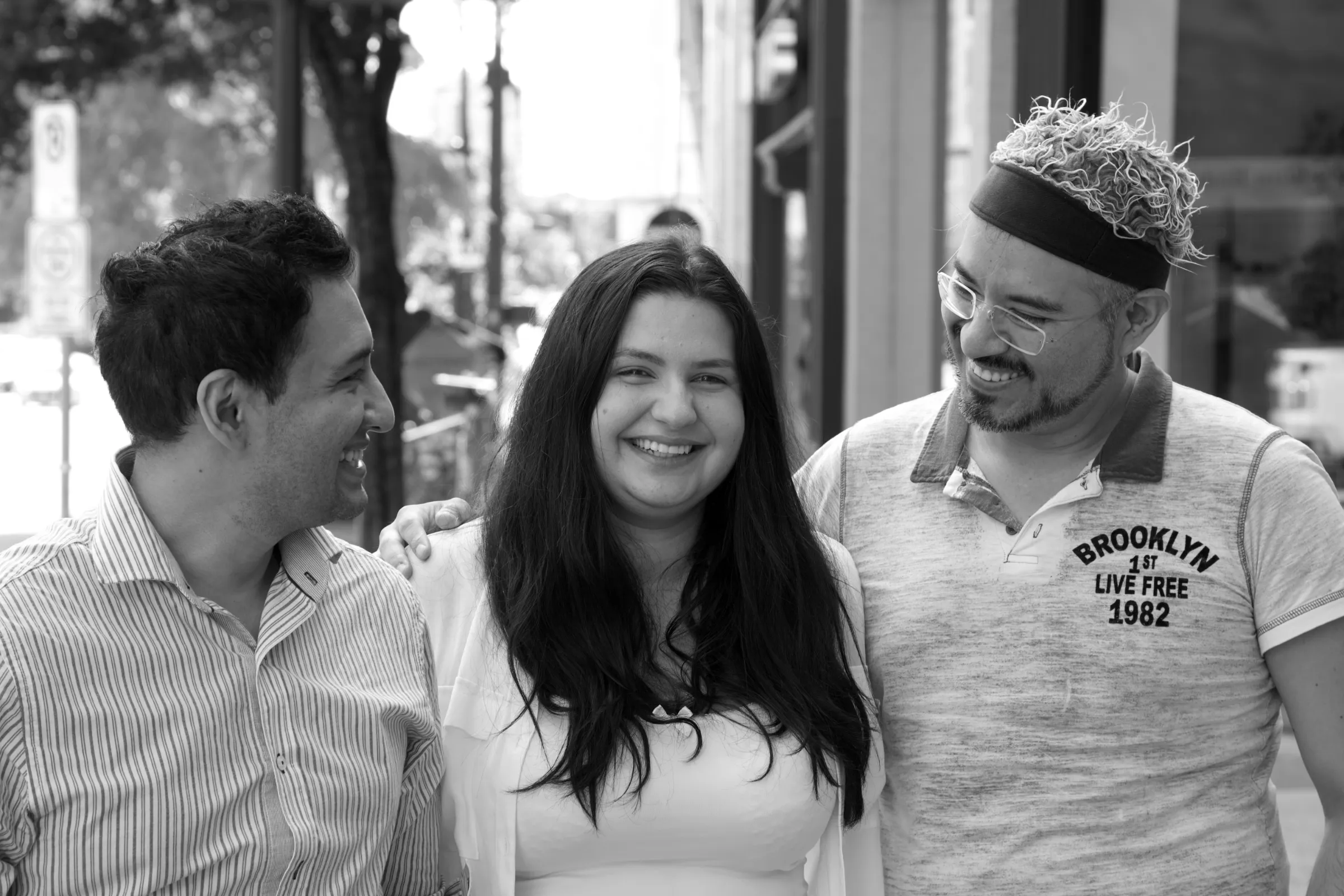 Laughing together outside the studio